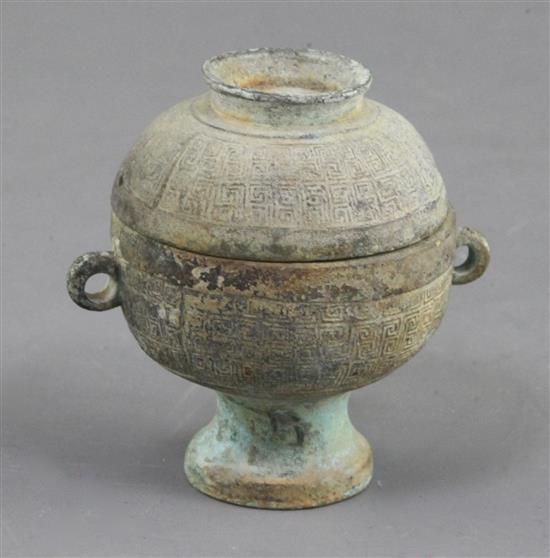 A miniature Chinese archaic bronze food vessel and cover, Dou, Warring States period, 5th-3rd century B.C., 7cm high